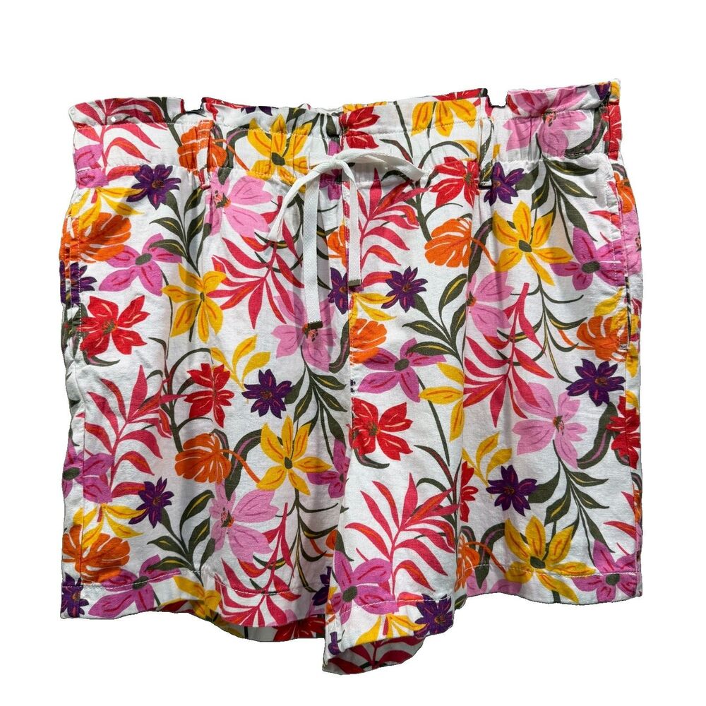 ST JOHN'S BAY Women's XXL Floral Linen Blend Elastic Drawstring Shorts Pockets